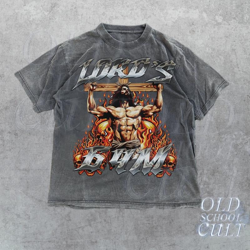 Lords Gym Flames Vintage 90s Graphic Shirt, Jesus Cross Pump Cover Skull Shirt, Gothic Gym Shirt, Christian Gifts, Retro...