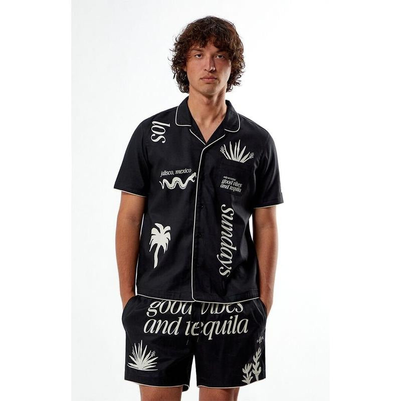 Los Sundays Men's Good Vibes Woven Camp Shirt Hoodie Sweatshirt | PrintMintTees.com