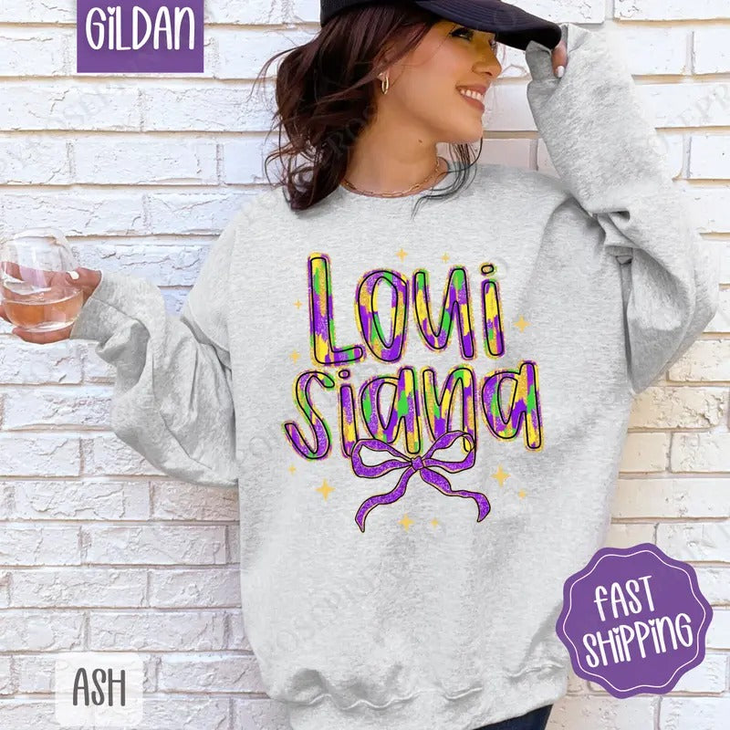 Louisiana Bow Sweatshirt, Coquette Mardi Gras Bow Crewneck, Holiday Women's Sweater T-Shirts, Hoodie | PrintMintTees.com