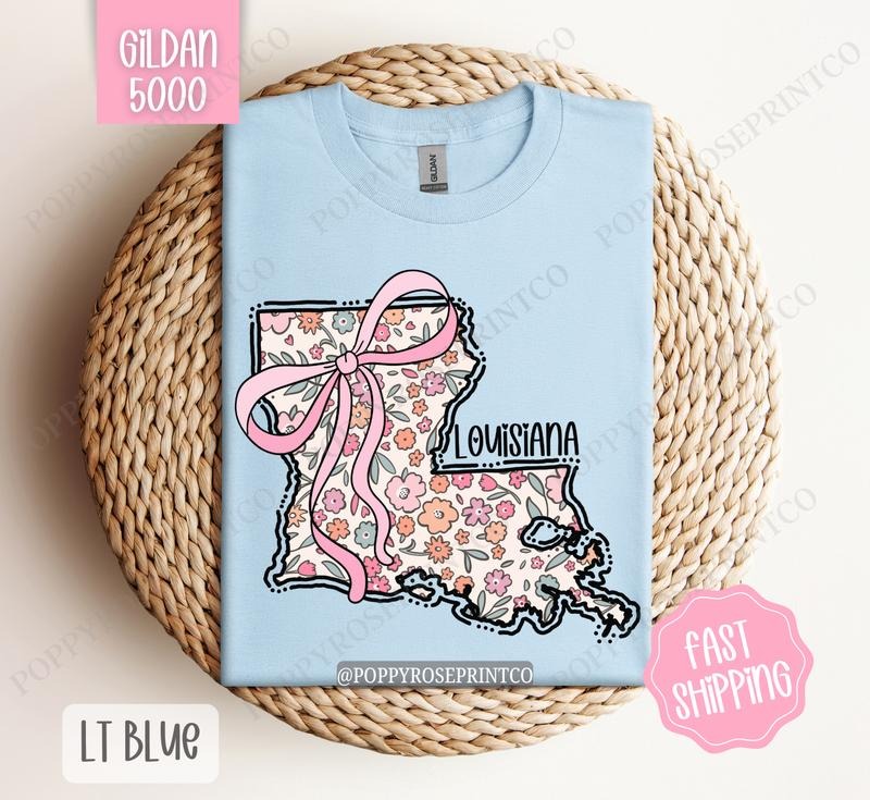 Louisiana Gildan T-shirt, Cute Louisiana State Shirt, Louisiana Floral Bow Tee Hoodie Sweatshirt | PrintMintTees.com