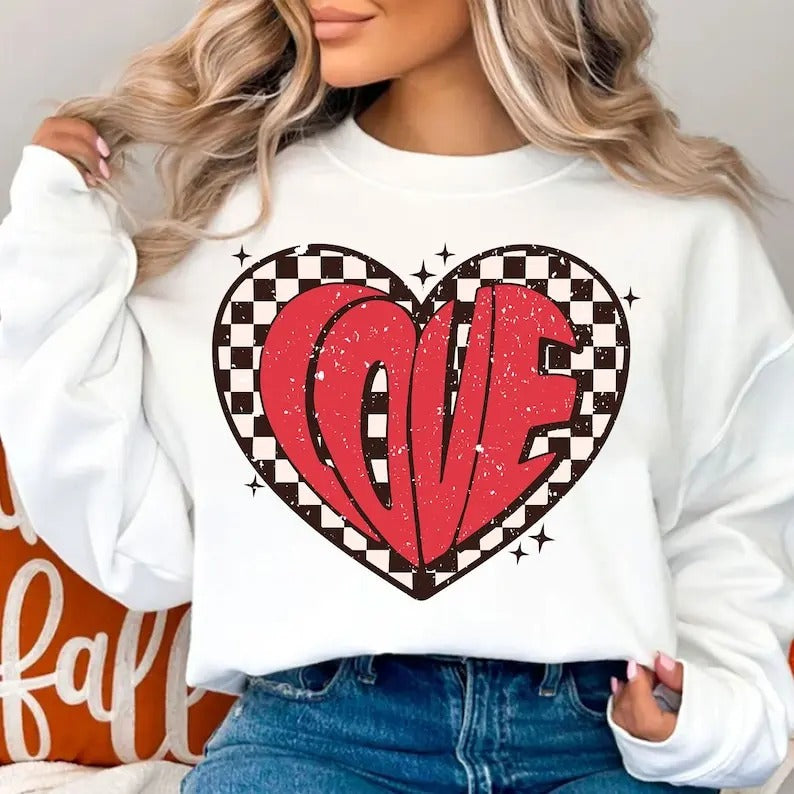 Love Checkered Sweatshirt, Valentines , Valentine Sweatshirt, Valentines day Sweatshirt, Valentines Sweatshirt, Retro...