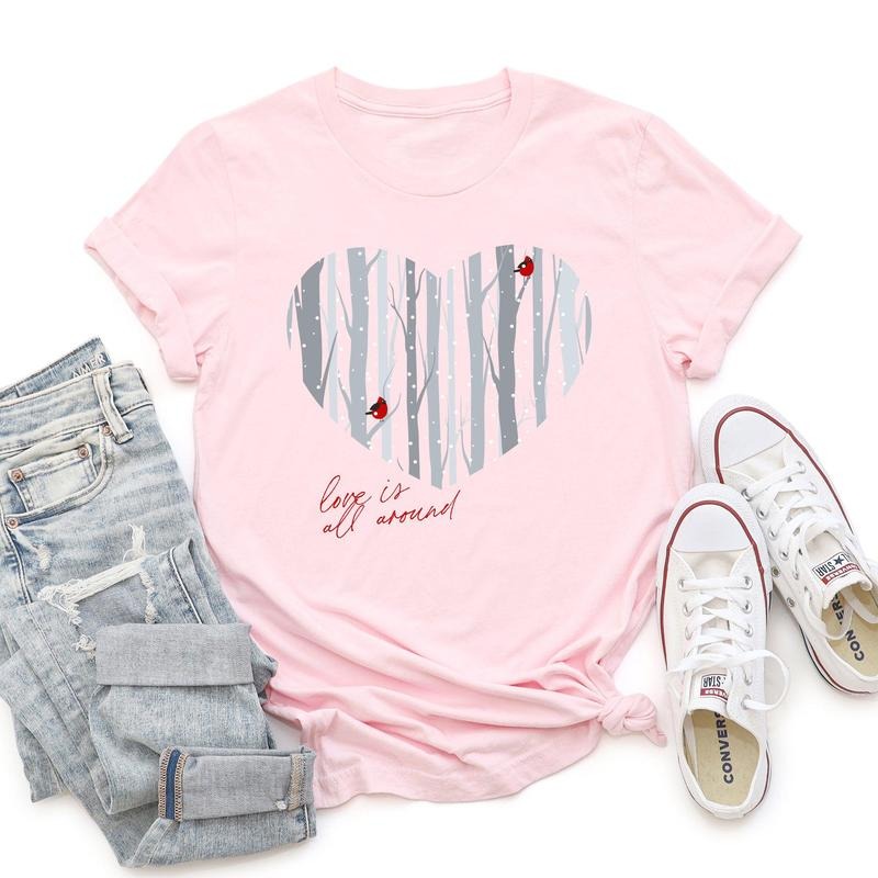 Love Is All Around, Winter Forest, Cardinal, Heart, Super Soft Tshirt, Valentine's Day Hoodie, Sweatshirt | PrintMintTees.com