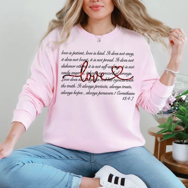 Love Is Patient, Jesus, Christian, Faith, Bible, 1 Corinthians 13:4-7, Valentine's Day, Love Sweatshirt, Crew Neck,...