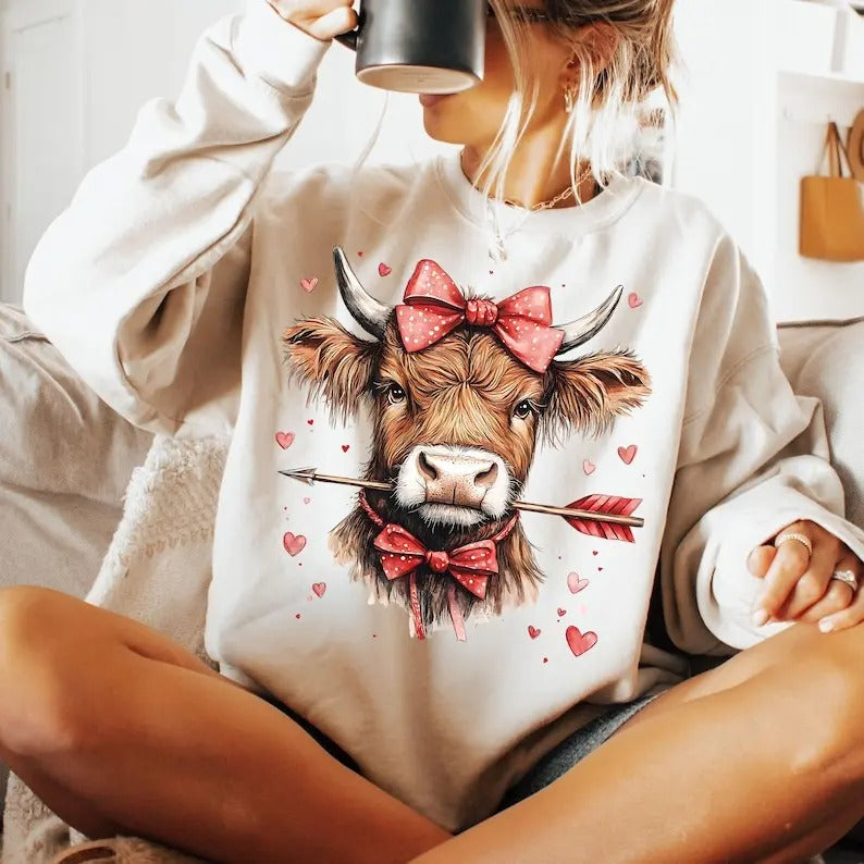 Love Season Highland Cow | Western Coquette Crewneck Sweatshirt | Valentine Gift Shirt Hoodie | PrintMintTees.com