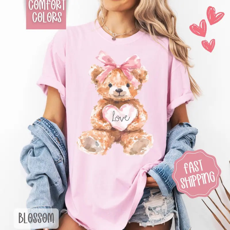 Love Teddy Bear Shirt Comfort Colors, Valentine's Day Women's Tee, Holiday Women's Tshirt Hoodie Sweatshirt
