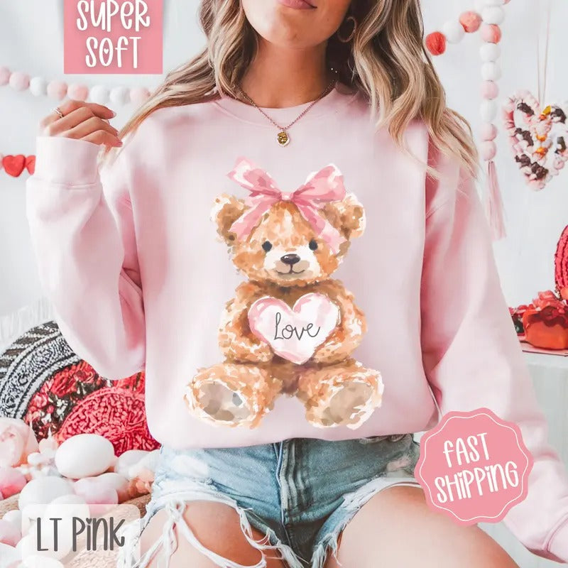 Love Teddy Bear Sweatshirt, Valentine's Day Crewneck, Holiday Women's Sweater T-Shirts, Hoodie | PrintMintTees.com