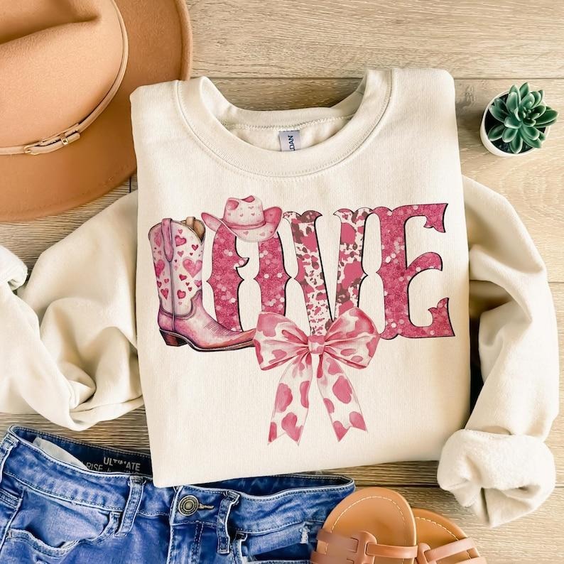 Love Valentine's Western Sweatshirt Retro Valentine , Love , Coquette aesthetic valentines Shirt Hoodie | PrintMintTees.com