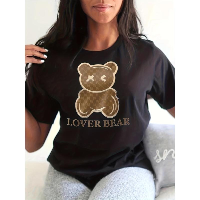 Lover Bear Print T-Shirt, Short Sleeve Crew Neck Casual Top For Summer & Spring, Women's Clothing style 02 Hoodie Sweatshirt