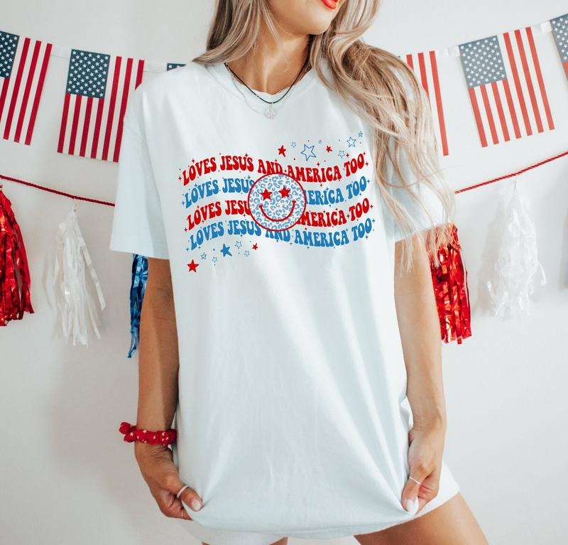 Loves Jesus And America Too Shirt, 4th Of July Shirt, Jesus 4th Of July Shirt, Smile Face Shirt, Independence Day Shirt,...