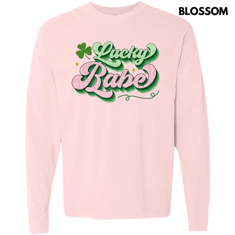 Lucky Babe Shamrock Long Sleeve Comfort Colors T-Shirt Hoodie, Sweatshirt | PrintMintTees.com
