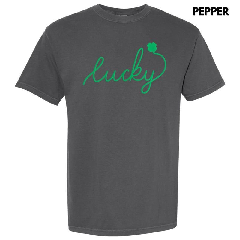 Lucky Cursive Green Puff Comfort Colors T-Shirt Hoodie Sweatshirt | PrintMintTees.com
