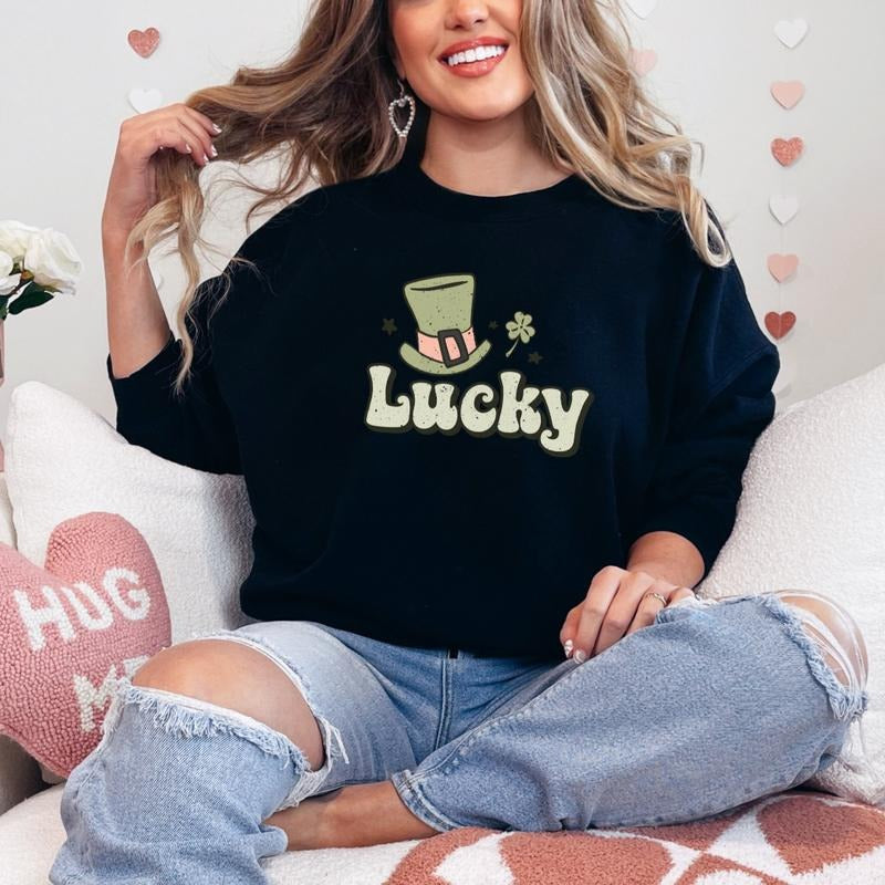 Lucky Distressed Printed Sweatshirt, Lucky Sweatshirt, Lucky Distressed Sweater, Printed Comfort Colors T-Shirt, Full...