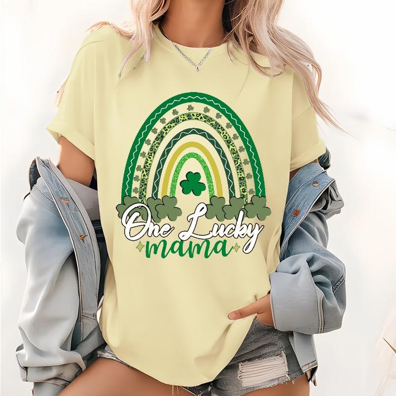 Lucky Mama Pattern T Shirt, St. Patricks Day Short Sleeve Tops, Green Rainbow Tee, Mom Lucky T-Shirt, Lucky Tee Gift...