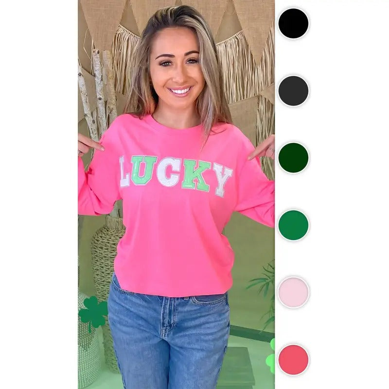Lucky St Patricks Day Sequin Graphic Long Sleeve Shirt Hoodie Sweatshirt | PrintMintTees.com