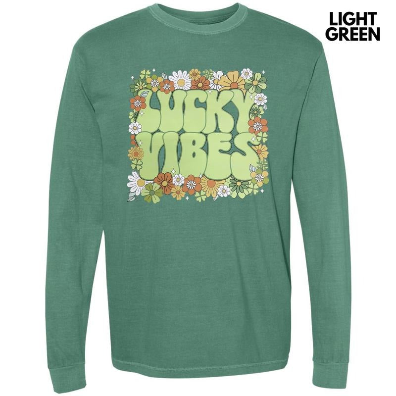 Lucky Vibes Floral Long Sleeve Comfort Colors T-Shirt Hoodie, Sweatshirt | PrintMintTees.com