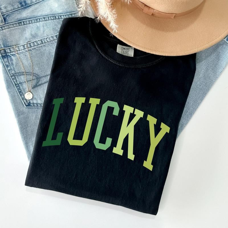 Lucky, Collegiate, St Patrick's Day Comfort Colors Tshirt, Women's Crew Neck, Crewneck Hoodie Sweatshirt | PrintMintTees.com