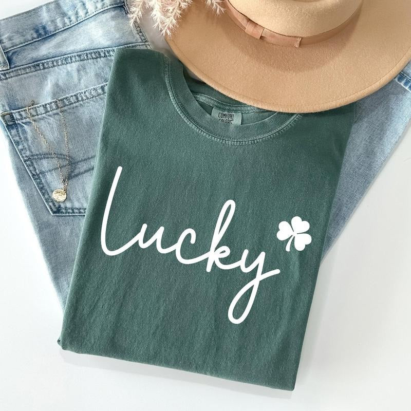 Lucky, Shamrock, St Patrick's Day Comfort Colors Tshirt, Women's Crew Neck, Crewneck Hoodie Sweatshirt | PrintMintTees.com