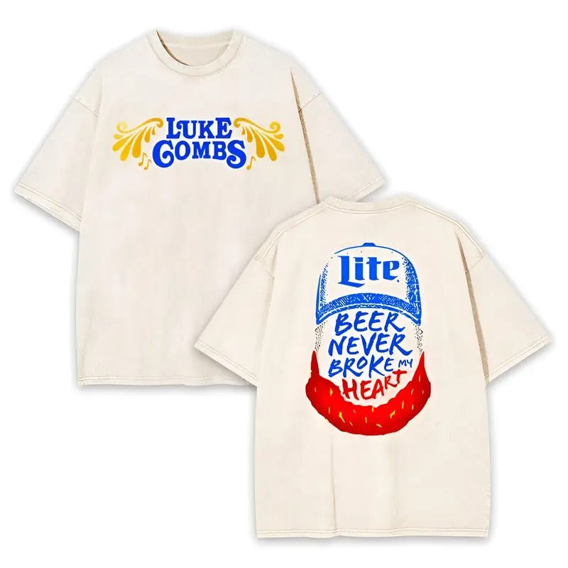 Luke Combs Beer Never Broke My Heart Retro T-Shirt, Double Sided Print, Unisex Relaxed Fit, Made in the USA, Fun Tees for...