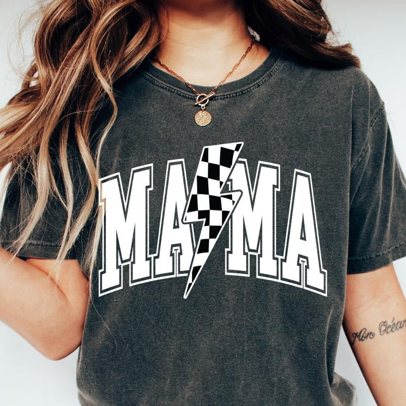 MAMA BOLT CHECKERED SHIRT, COMFORT COLORS CASUAL COTTON T-SHIRT FOR MOMS Fabric Top Hoodie Sweatshirt | PrintMintTees.com