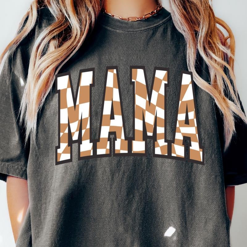 MAMA RETRO CHECKERED 2 SHIRT, COMFORT COLORS CASUAL COTTON T-SHIRT FOR MOMS Top Womenswear Hoodie Sweatshirt