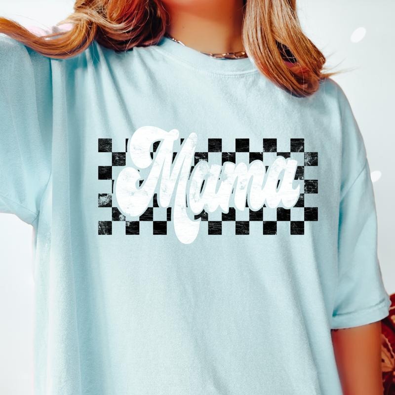 MAMA SHIRT, GROOVY FONT WITH CHECKERS MOM SHIRT, CHECKERED MAMA SHIRT, COMFORT COLORS CASUAL COTTON T-SHIRT Fabric Top...