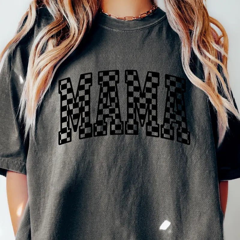 MAMA T-SHIRT RETRO CHECKERED SHIRT, COMFORT COLORS CASUAL COTTON T-SHIRT FOR MOMS Fabric Top Hoodie Sweatshirt