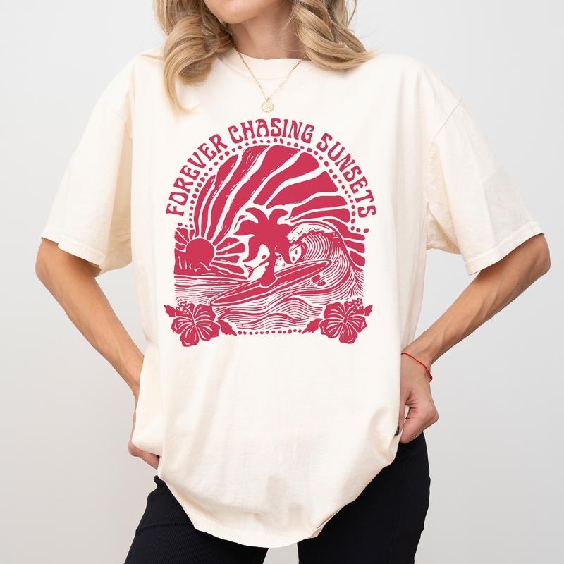 MAPTEES Forever Chasing Sunsets Comfort Colors Shirt Groovy Summer Retro Summer Tropical Beach Her Shirt Hoodie Sweatshirt