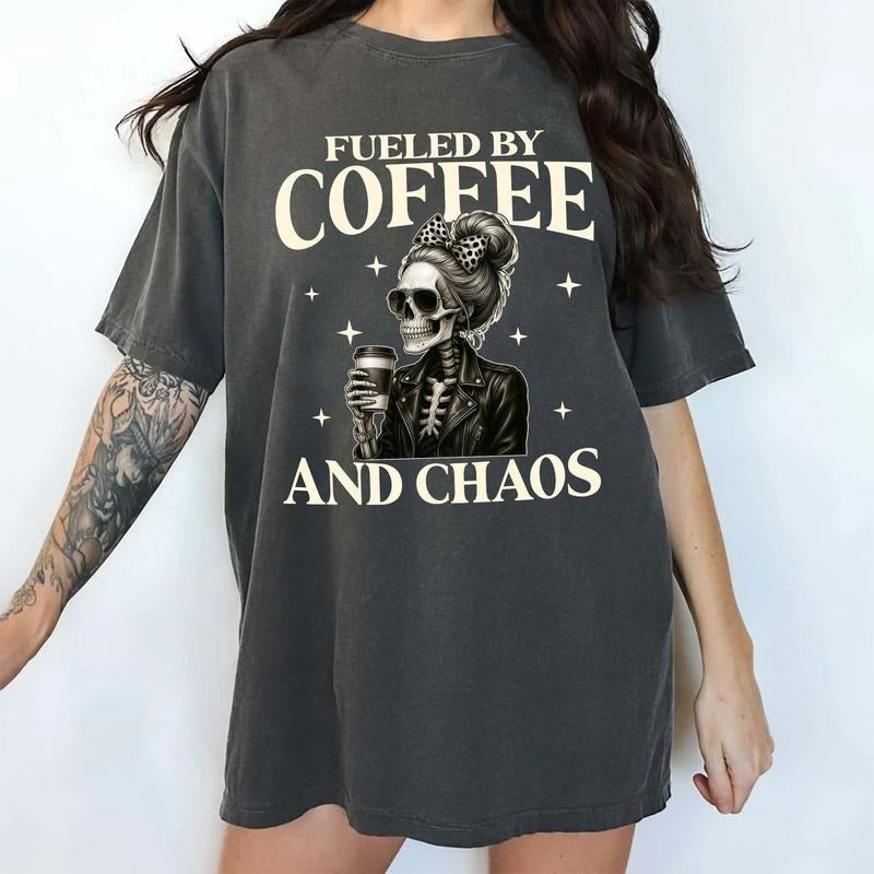 MAPTEES Fueled Coffee Chaos Comfort Colors Shirt Cool Mom Mom Life Skeleton Mom Shirt Hoodie Sweatshirt