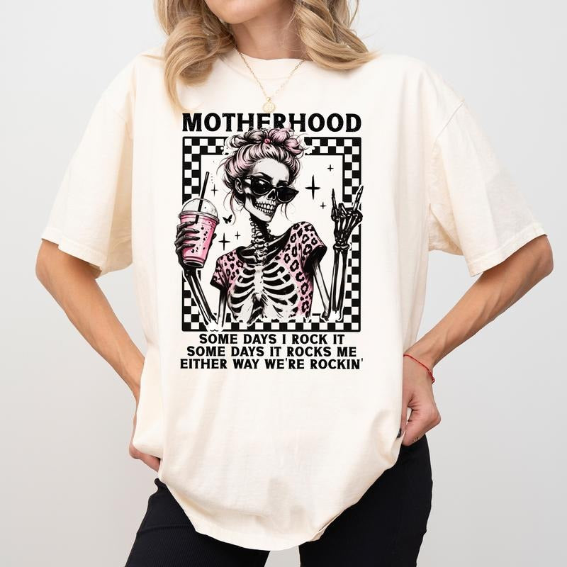 MAPTEES Motherhood Comfort Colors Shirt Cool Mom Funny Mom Life Funny Leopard Skeleton Mama Shirt Hoodie Sweatshirt