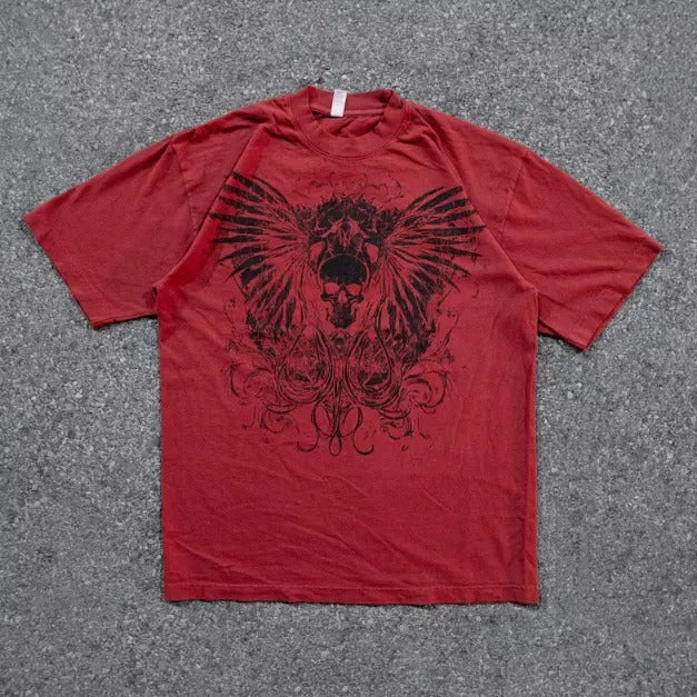 MISPRINT skull wings tshirt Y2K cyber sigilism streetwear emo metalhead aesthetic  grung graphic teeshort sleeve opium...