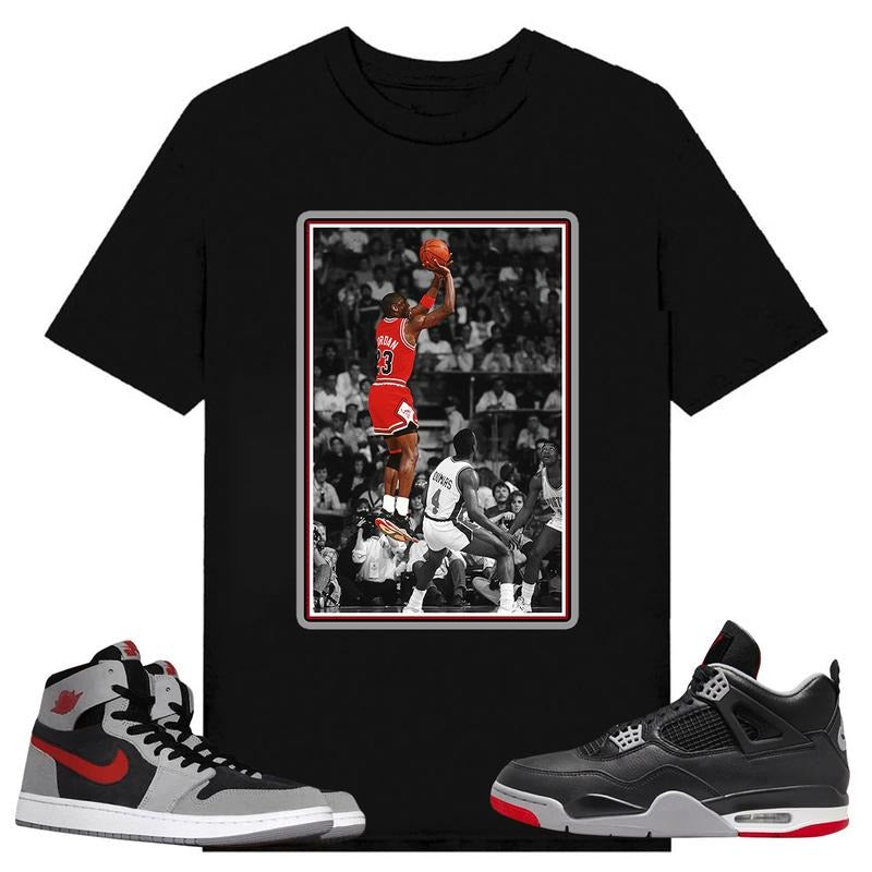 MJ 23, Shirt to match A J 1 High Zoom CMFT 2 Fire Red Cement Grey, A J 4 Bred, Shirt to matching Sneaker Hoodie Sweatshirt
