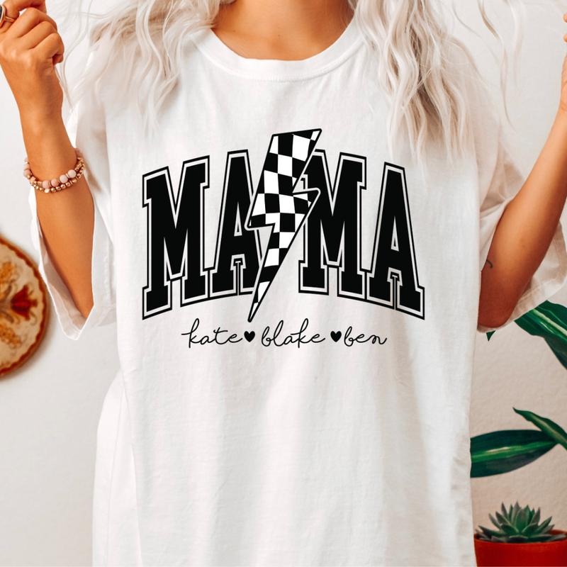 MOTHER'S DAY SHIRT,CUSTOM MAMA SHIRT WITH NAMES, MAMA BOLT NAME SHIRT, MAMA T-SHIRT RETRO CHECKERED SHIRT, COMFORT COLORS...