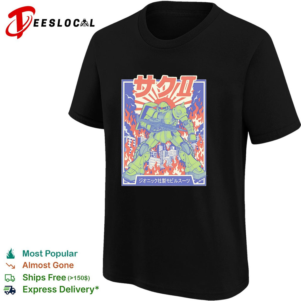 MS-06 Zaku II The Green Grunt city skyline burning shirt