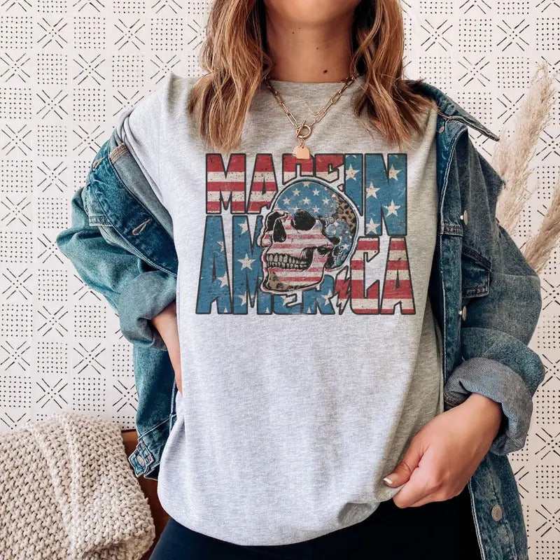 Made In America T-Shirt Patriotic America Tees Red White and Blue Tshirts USA Womens USA Skull Top Independence Flag...