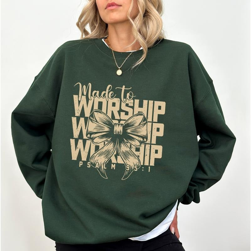 Made Worship Christian Vintage Coquette Bow Girly Coquette Bible Verse Tops Jesus Comfy Long Sleeve Cotton Fabric Casual Womenswear Shirt Hoodie Sweatshirt