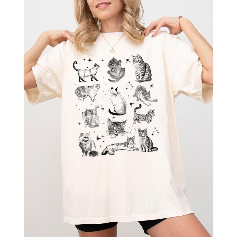 Magical Cats Vintage Hand Drawn Multiple Cat Kitten Breeds With Tarot Sparkles, Halloween, Spooky Shirt, Women's Comfort...