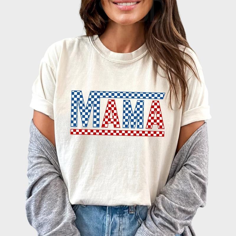 Mama 4th July Shirt Retro American Mama Shirt Checkered Mama Fourth July Mama Patriotic USA Mom Independence Day USA Shirt Mother Mommy Mum Shirt Tops Cotton Fabric Relaxed Fit Chic Shirt Hoodie Sweatshirt