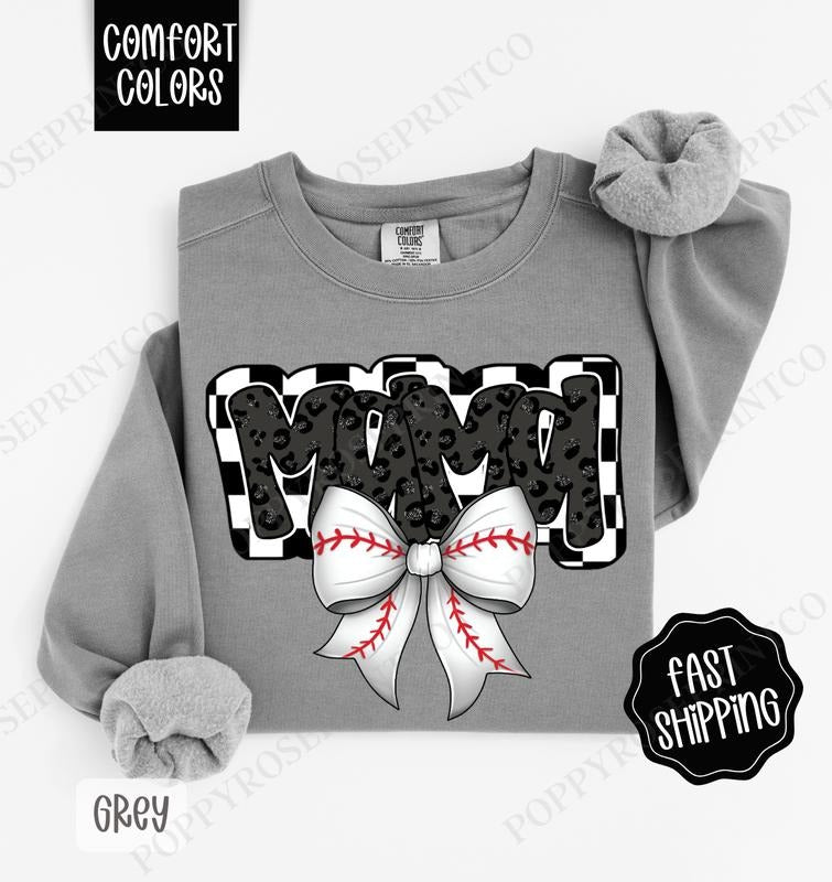 Mama Baseball Bow Comfort Colors Sweatshirt, Baseball Mom Sweatshirt, Baseball Mama Sweater Shirt Hoodie | PrintMintTees.com
