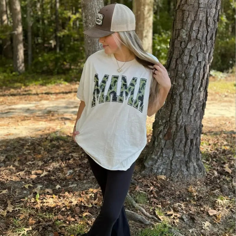 Mama Camo Varsity Natural Tan Cotton Plus Sized Options Womenswear Comfort Fit Cute Shirts T-Shirts, Hoodie, Sweatshirt