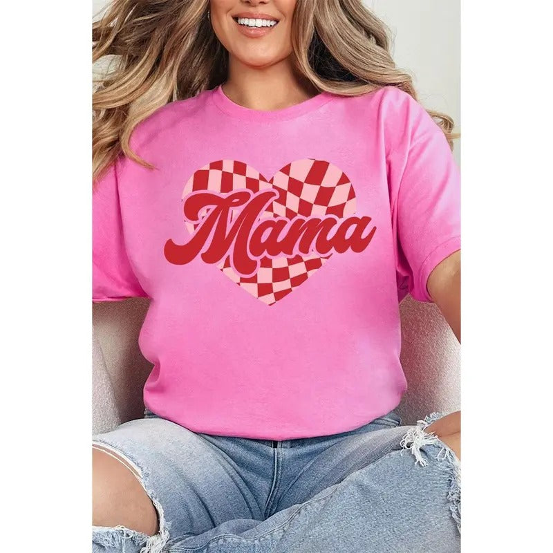 Mama Checkered Heart Short Sleeve Relaxed Fit T-Shirt Hoodie Sweatshirt | PrintMintTees.com