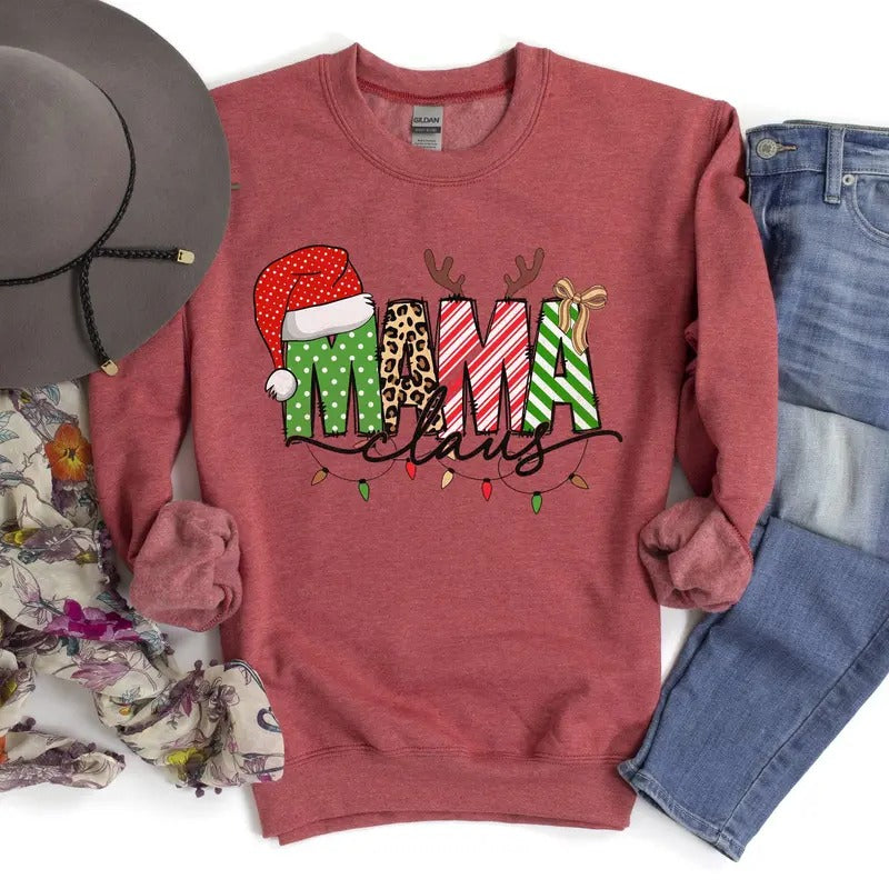 Mama Claus, Santa, Plaid, Leopard Print, Christmas Sweatshirt Classic Graphic Casual Shirt Hoodie | PrintMintTees.com