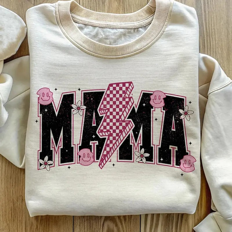 Mama Lightning Bolt Sweatshirt, Melted Face Mama Tee Shirt, Drpping Face Mommy Shirt, Cool Mom T-Shirt, Retro Mama...