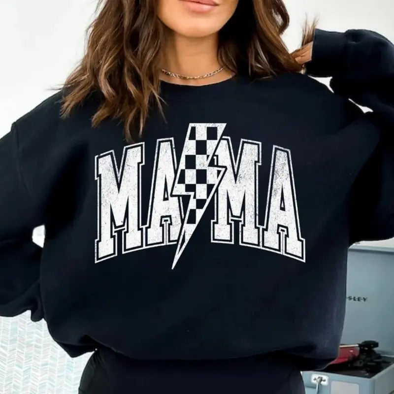 Mama Lightning Bolt Sweatshirt, Mom Life Tee Shirt, Cool Mom Shirt, Checkered Mama T-Shirt, Retro Mom Sweater, Gift For...