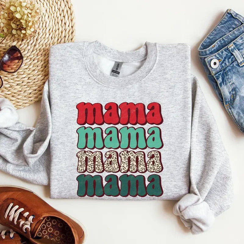 Mama Mama Mama Mama Retro Leopard Print Winter Santa Xmas Crew Neck T-Shirts, Hoodie, Sweatshirt