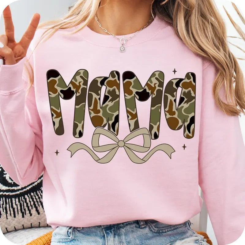 Mama Preppy Duck Camo Camouflage Shirt, Mama coquette camo bows Shirt Womenswear Cotton Hoodie Sweatshirt | PrintMintTees.com