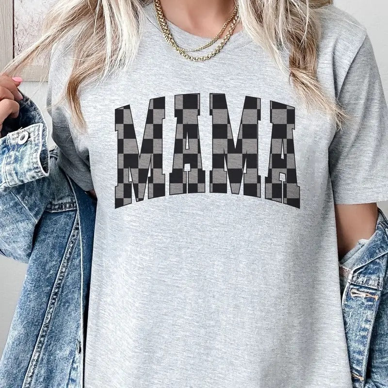 Mama Tshirt Checkerboard Mama Tee Black and Gray Checkerboard Mama Vibe T-Shirt Mom Vibe Top Womens Mama Graphic Tee...