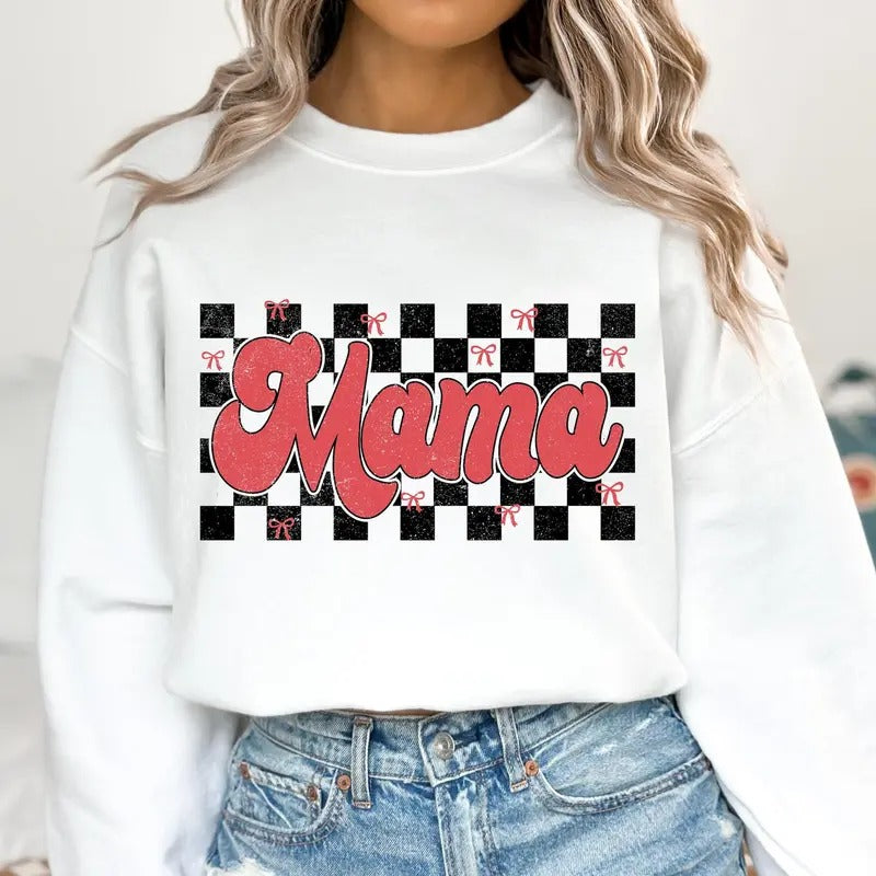Mama Valentine Coquette Sweatshirt, Mama Varsity Sweatshirt, Retro Valentine Sweatshirt, Checkered Valentine Hearts...