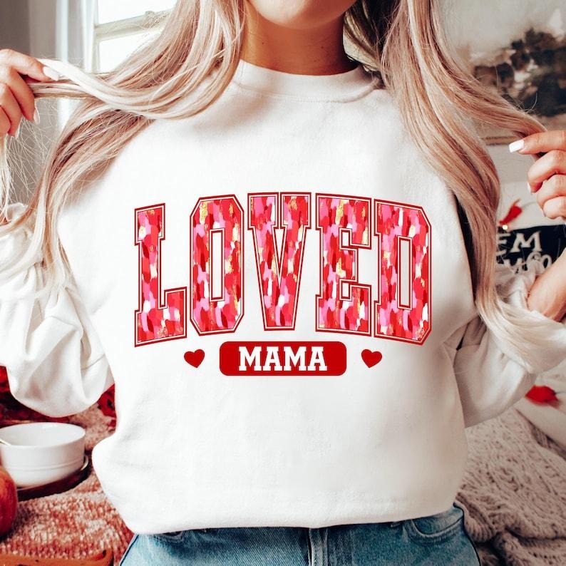 Mama Valentine Loved Mama Retro Valentine Sweatshirt , Brushstroke , Mama Varsity , Valentine Heart Shirt Hoodie