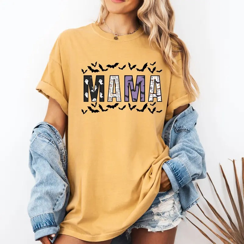 Mama design with bats Halloween Custom colors tee shirt Casual Comfort Cotton Hoodie Sweatshirt | PrintMintTees.com