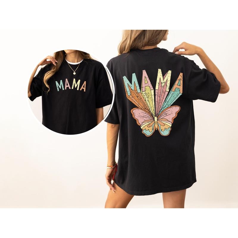 Mama Butterfly Colorful Mother Front Back Pastel Retro Psychedelic Comfort Color T-Shirts, Hoodie, Sweatshirt